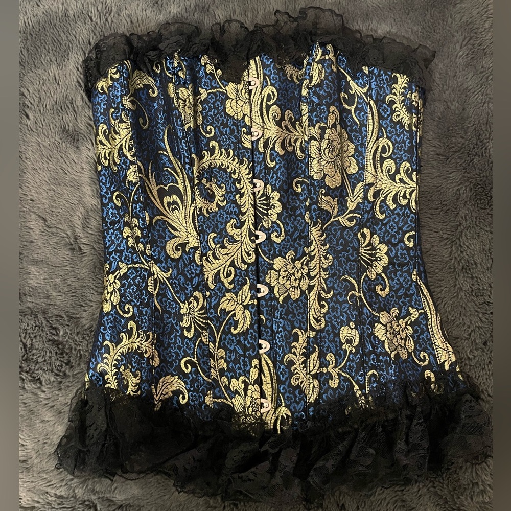 Blue and Gold Brocade Corset with Lace Trim